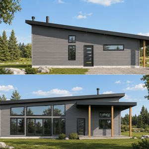 Construction de chalet contemporain de plain-pied avec toit monopente vue avant droite.