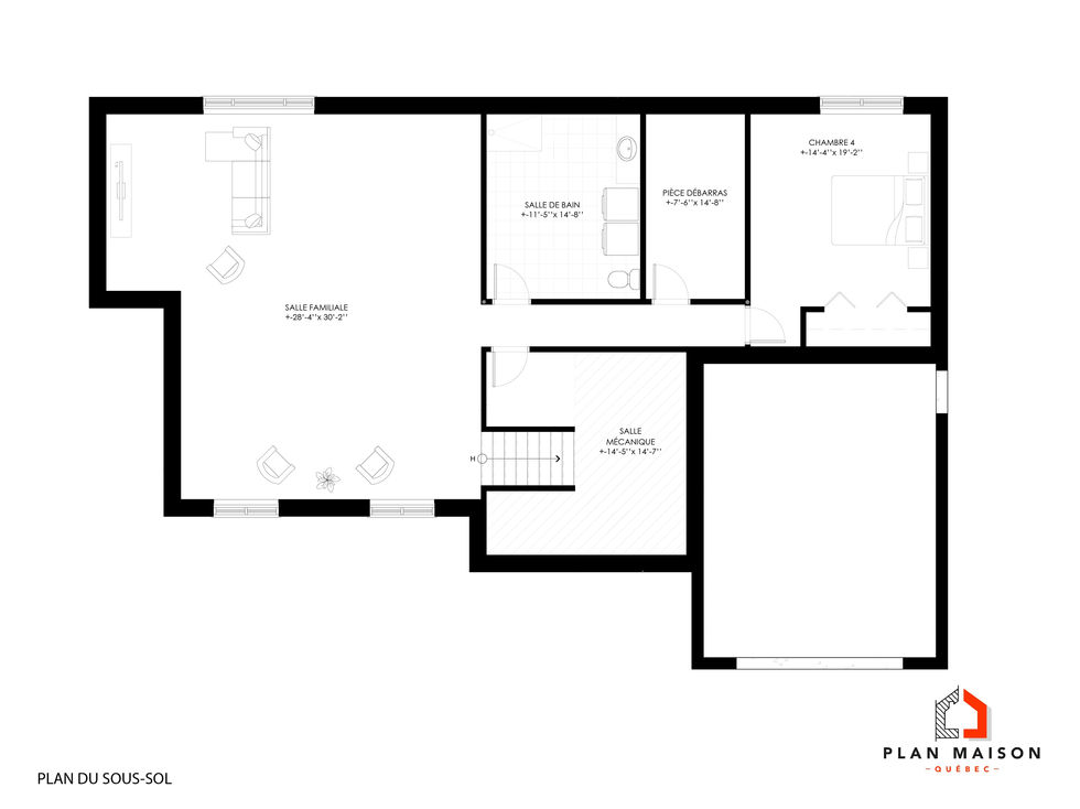 Plan du sous-sol aménagé d'une maison avec salle familiale et quatrième chambre.