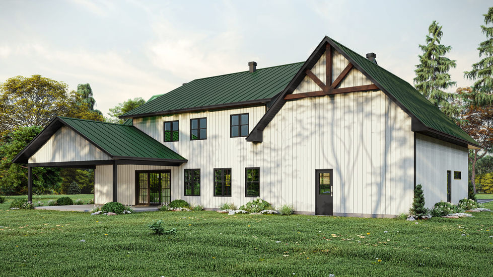 vue arrière résidence champêtre contemporaine avec terrasse et volumétrie