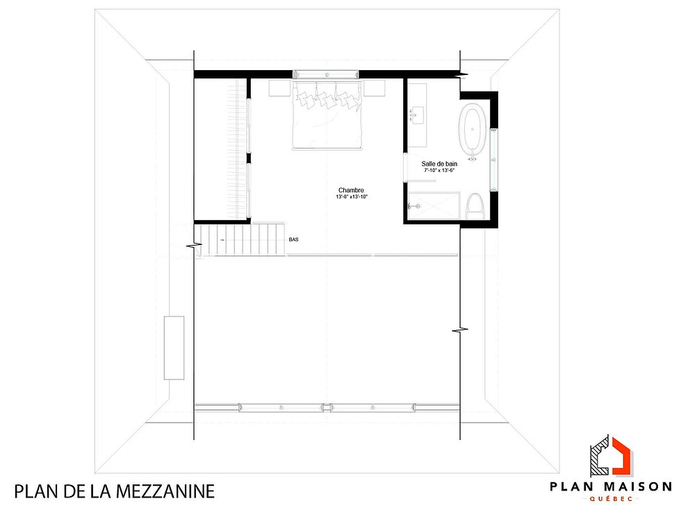 Thumbnail: Plan de maison farmhouse avec mezzanine et garage au sous-sol - Plan de la mezzanine