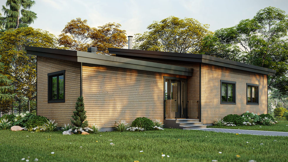 Façade en bois d'un chalet contemporain à toiture asymétrique