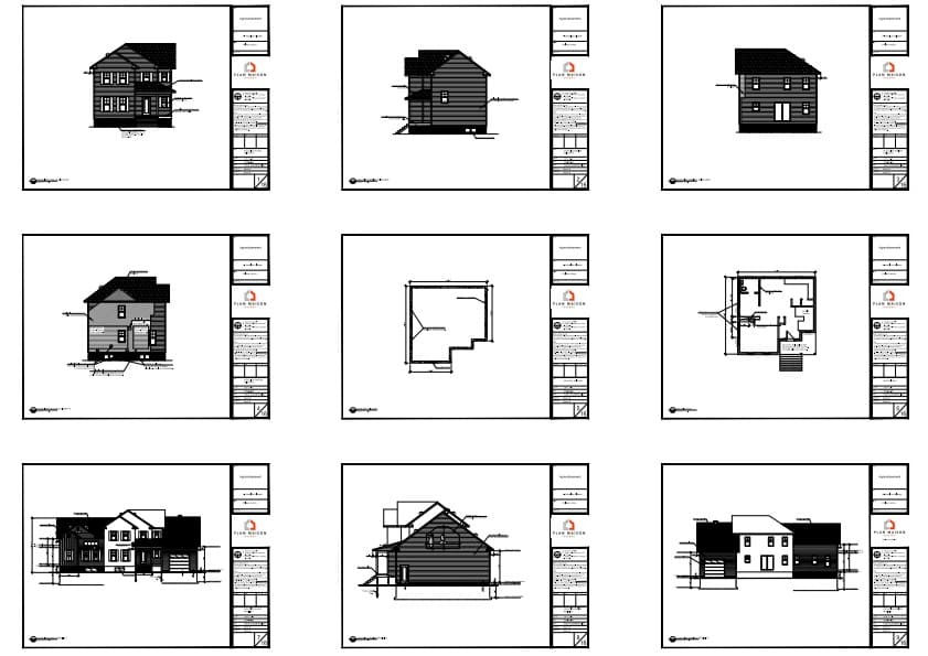 Plans d'architecture illustrant les élévations et les modifications d'une extension résidentielle.
