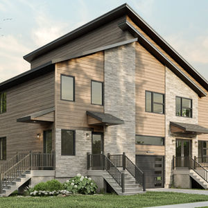 façade maison contemporaine garage intégré bois et pierre