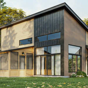 Maison contemporaine à toit monopente avec fenestration pleine hauteur et solarium quatre saisons.