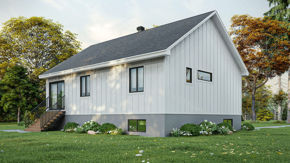 Arrière d’une maison farmhouse traditionnelle avec sous-sol fini