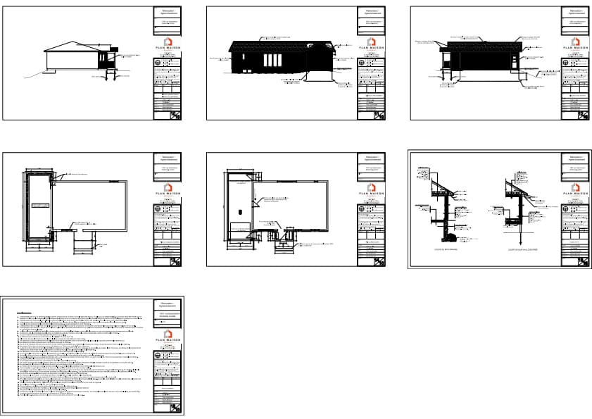 Plans techniques présentant les coupes, les fondations et les détails de construction d'un projet de transformation d'abri voiture en garage fermé.