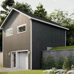 Façade avant d’un garage détaché avec salle de bain et espace de rangement au sous-sol.