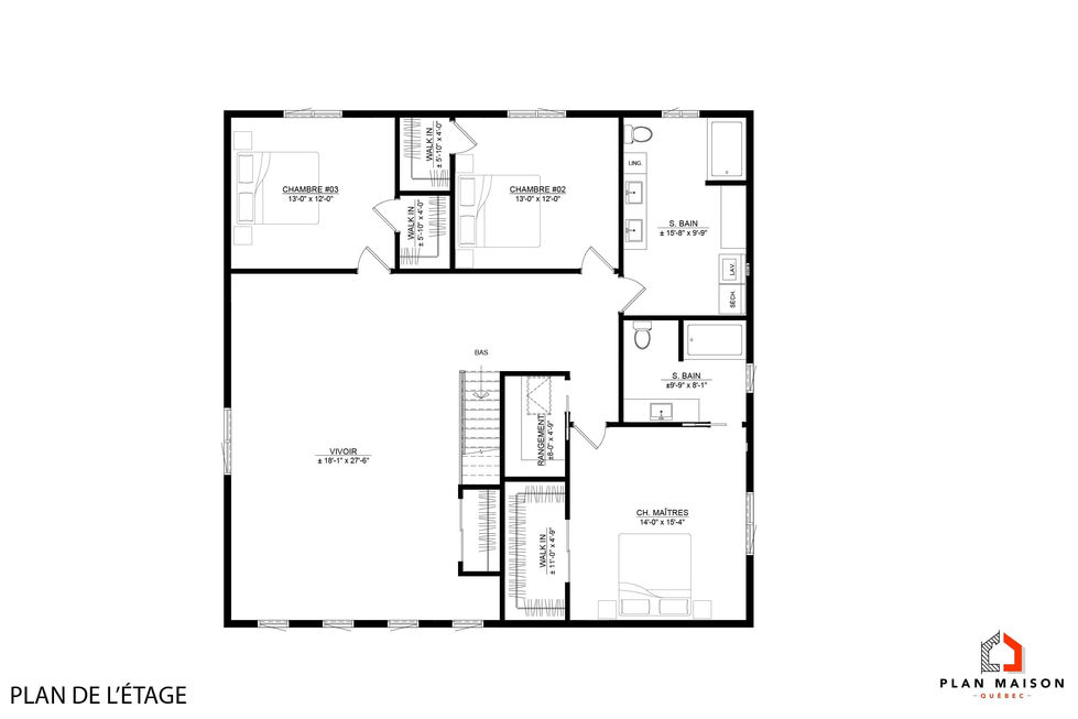 Plan de l’étage d’une maison farmhouse avec trois chambres et salle familiale