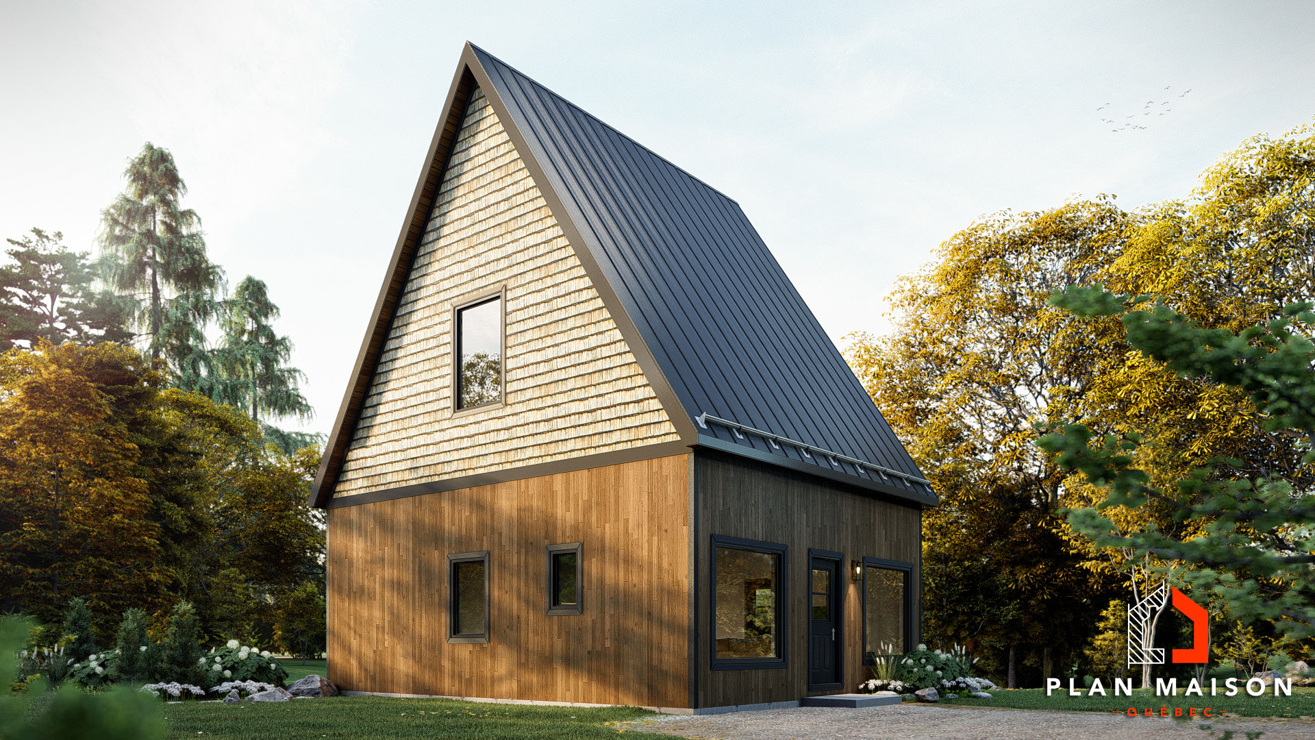 Plan de petit chalet avec mezzanine - Extérieur avant