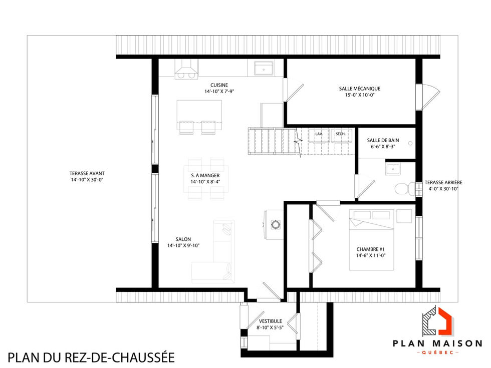 Plan du rez-de-chaussée d’une résidence A-frame moderne avec aire ouverte.