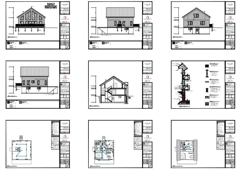 plans techniques maison scandinave avec mezzanine coupes élévations détails construction