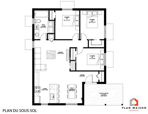 Plan du sous-sol du triplex contemporain 3 logements avec appartement de trois chambres.