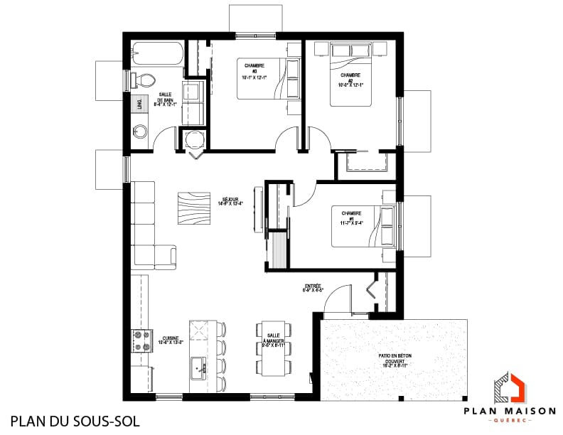 Plan du sous-sol du triplex contemporain 3 logements avec appartement de trois chambres.