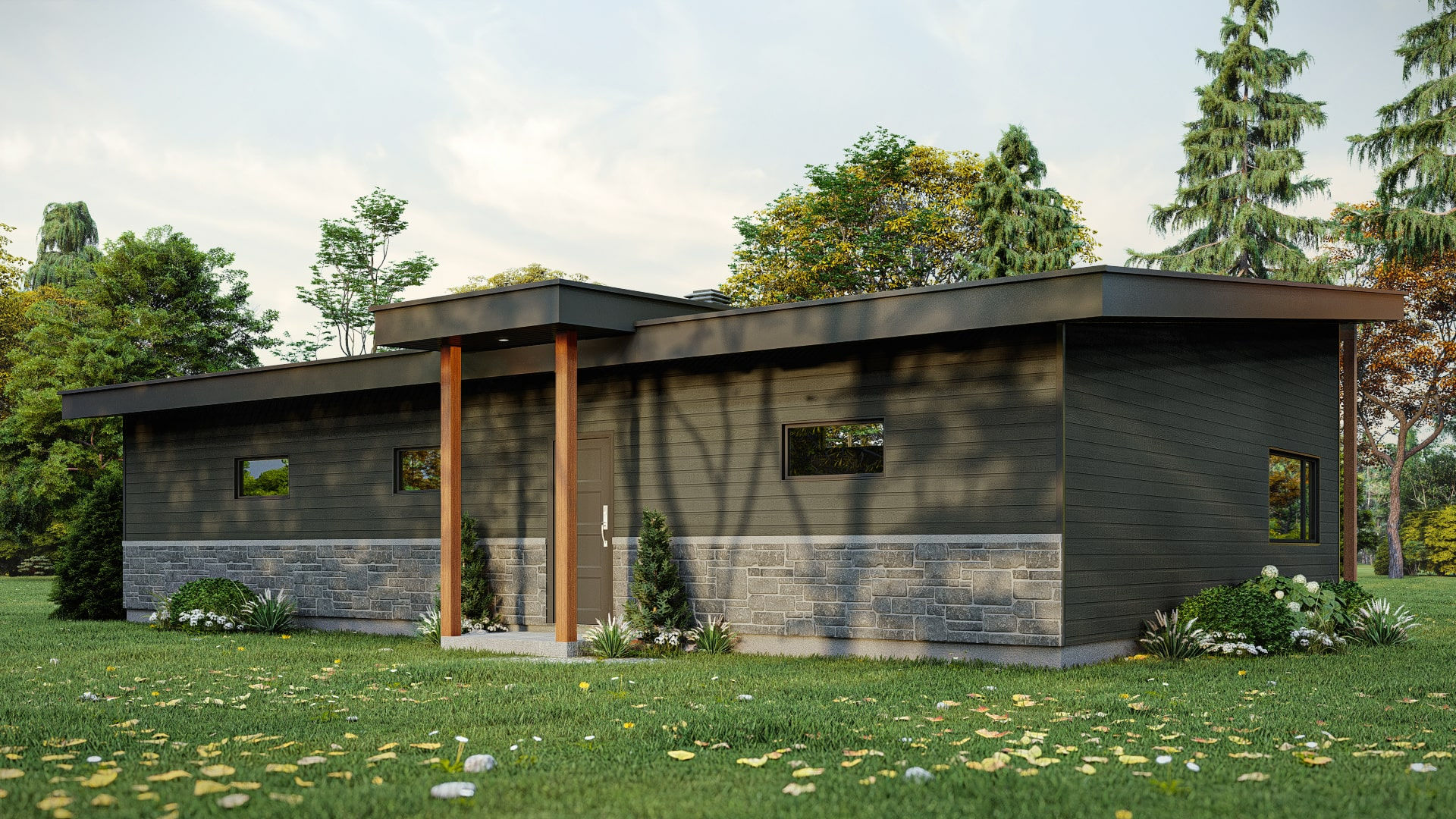 Plan de maison moderne de plain-pied avec 2 chambres - Extérieur avant