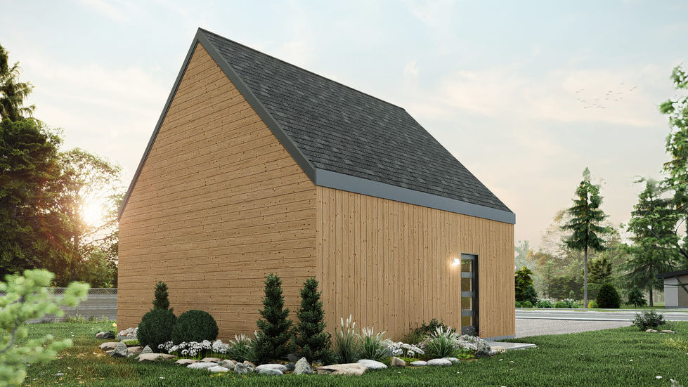 Garage double contemporain avec loft habitable et revêtement de bois naturel