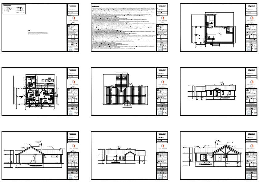 plans techniques maison en L contemporaine avec élévations et coupes