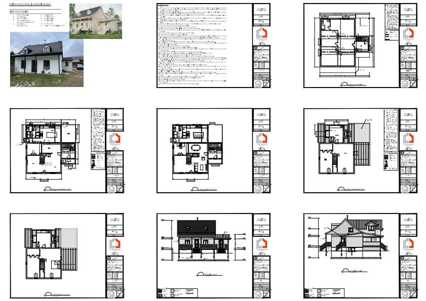Plans techniques d'un agrandissement résidentiel comprenant cuisine, salles de bain et verrière trois saisons.
