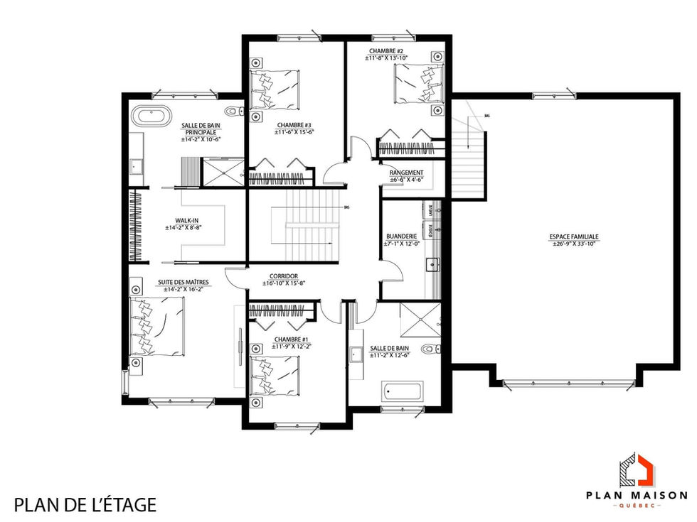 Plan de l’étage d’une maison 4 chambres avec suite principale, salles de bain et espace familial