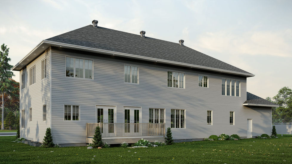 perspective arrière maison familiale spacieuse avec grandes fenêtres