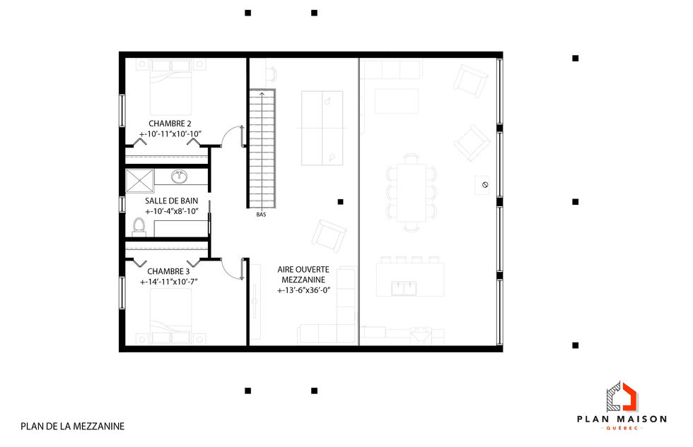 Plan de mezzanine ouverte dans un chalet contemporain avec deux chambres.