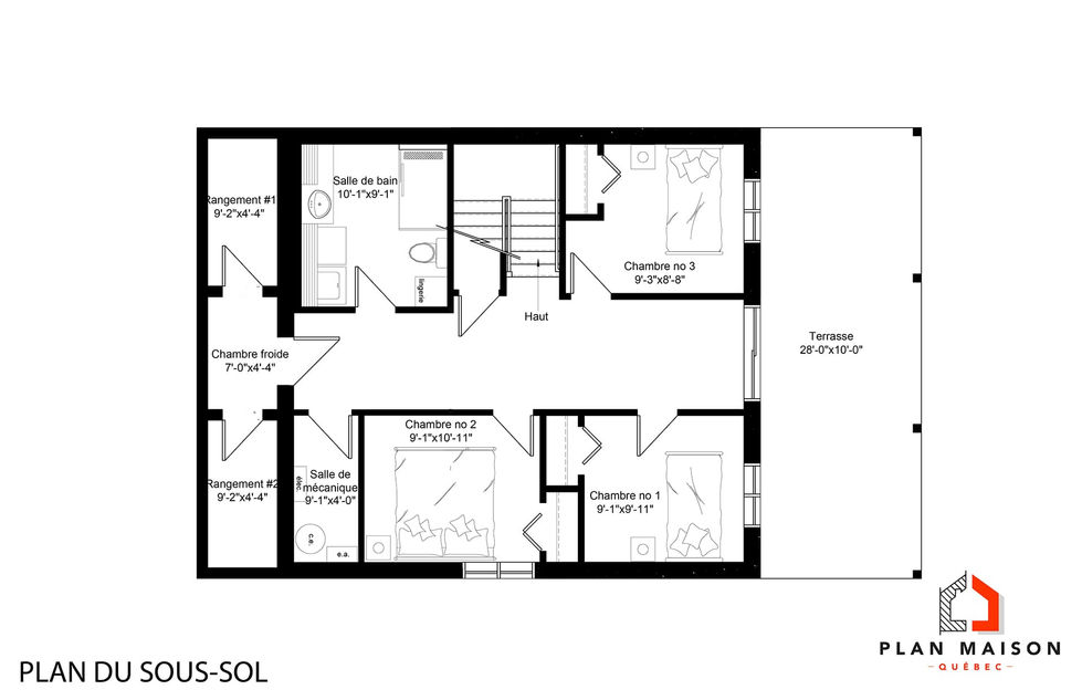 plan sous-sol chalet farmhouse avec mezzanine et terrasse surélevée trois chambres