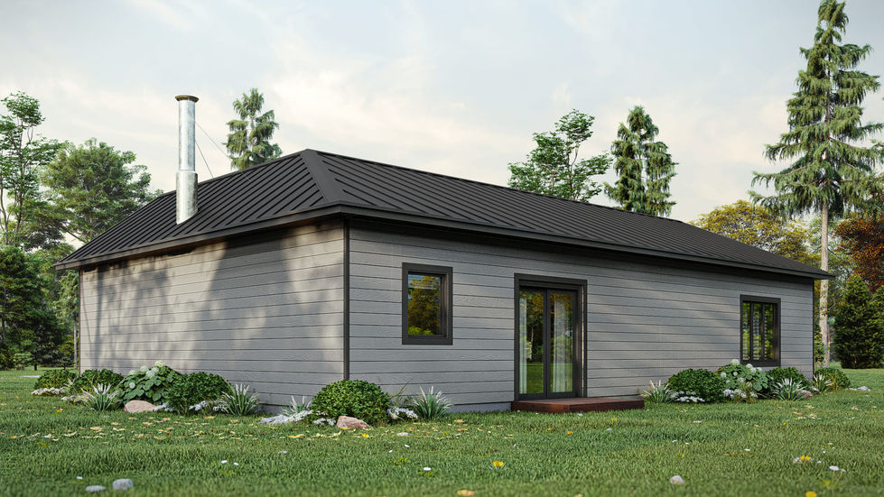 maison plain-pied toit métallique vue arrière moderne