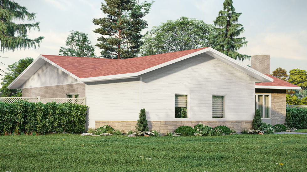 Vue latérale d'un garage intégré ajouté à une maison contemporaine avec revêtement horizontal, parement de pierre et toiture à deux versants.