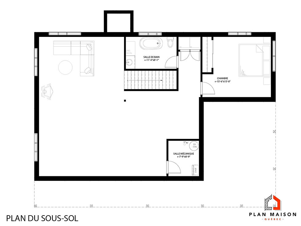 Miniature : Plan de maison contemporaine en L avec 2 chambres et sous-sol - Plan du sous-sol