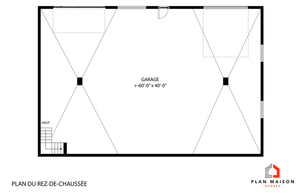 Plan du rez-de-chaussée d’un garage détaché 60x40 offrant un vaste espace multifonctionnel.