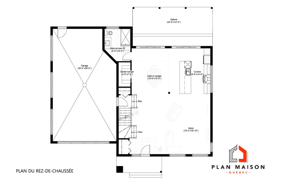 Plan du rez-de-chaussée d’une maison contemporaine avec garage intégré