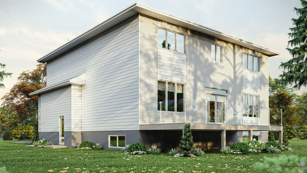 maison contemporaine terrasse arrière surélevée grandes fenêtres