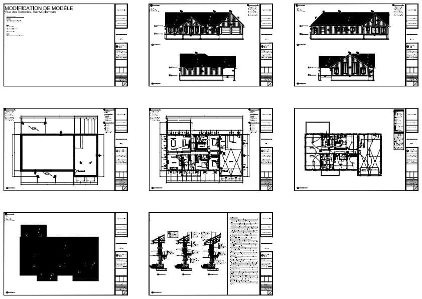 Plans techniques et élévations d'une résidence champêtre avec atelier créatif intégré.