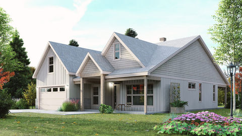 maison style champêtre façade avant garage galerie bois toiture pente