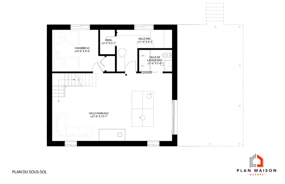 Plan du sous-sol d’un chalet en bois rond avec salle familiale et chambre supplémentaire.