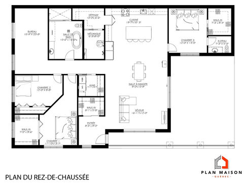 Plan de maison plain-pied avec terrasse couverte et trois chambres