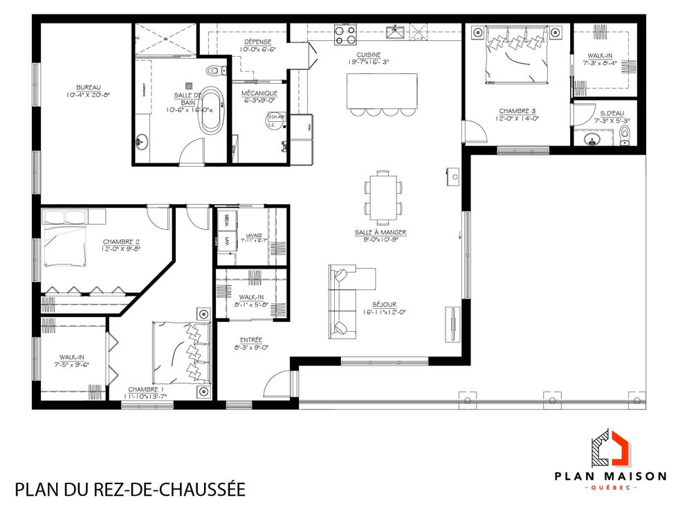 Plan de maison plain-pied avec terrasse couverte et trois chambres