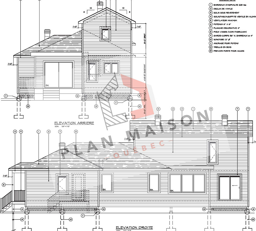 Maison en bois construction - Élévation droite et arrière