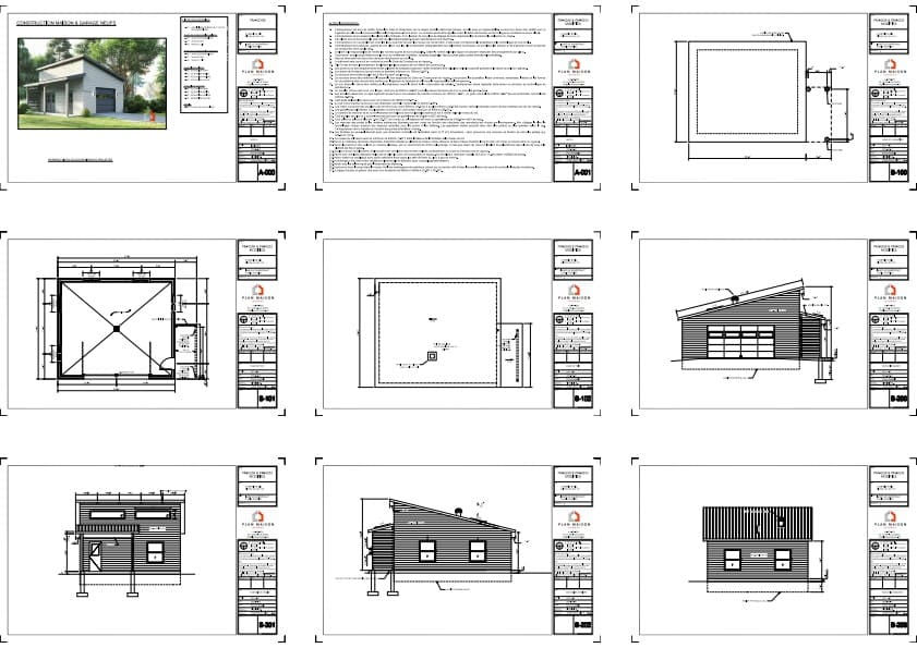 Plans de construction complets pour garage moderne avec toit monopente et abri latéral