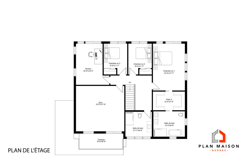 plan étage maison cubique toit plat avec terrasse et garage intégré