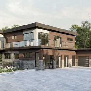 Façade d'une maison contemporaine de luxe avec garage double et toiture plate.