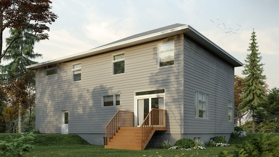 Vue arrière d’une maison familiale contemporaine avec terrasse extérieure