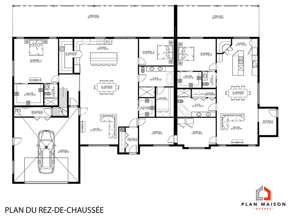 plan maison intergénérationnelle plain-pied avec garage intégré