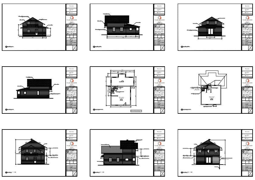 Élévations et plans architecturaux d'une transformation résidentielle avec ajout d'un étage familial.