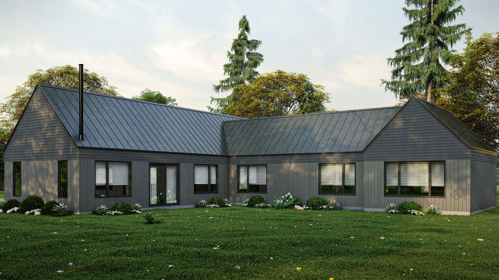 Façade arrière d’une résidence champêtre contemporaine anthracite avec toiture métallique