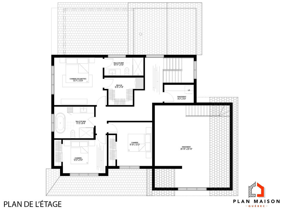 Plan d’étage d’une résidence champêtre contemporaine avec trois chambres