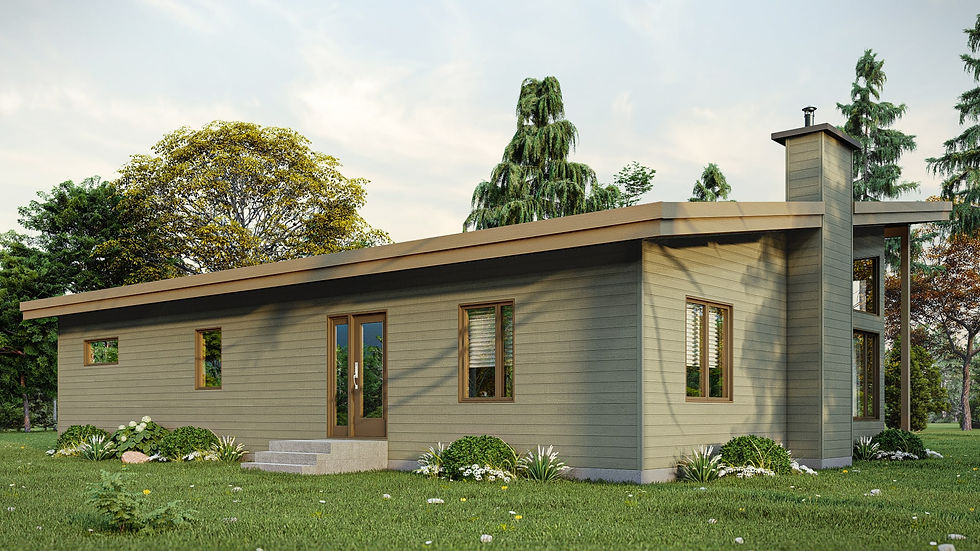 Plan de maison contemporaine en L avec 2 chambres et sous-sol - Extérieur arrière