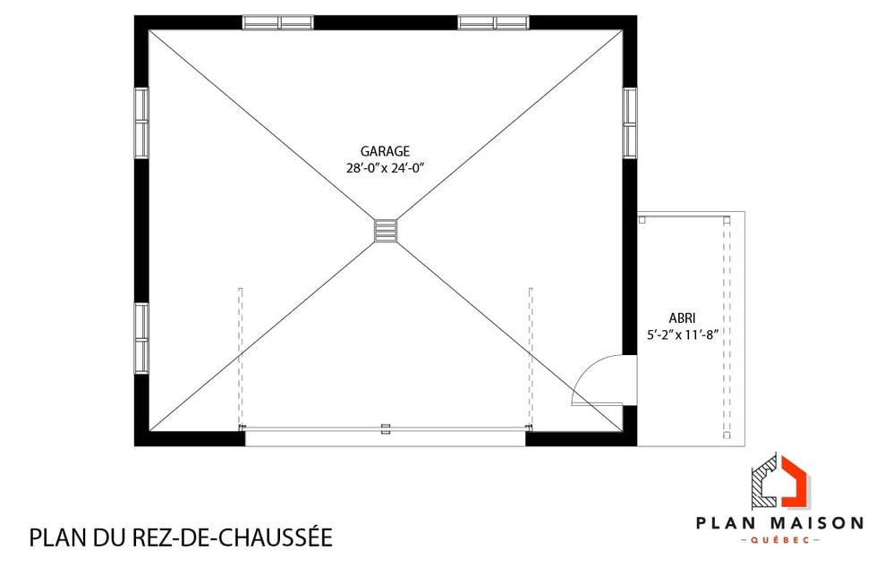 Plan intérieur d'un garage moderne de 28 pieds par 24 pieds avec abri couvert