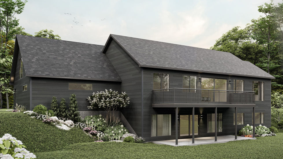 Vue arrière d’une maison intergénérationnelle contemporaine avec terrasse