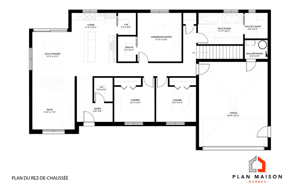 plan de maison contemporaine avec garage et mezzanine plan rez-de-chaussée détaillé