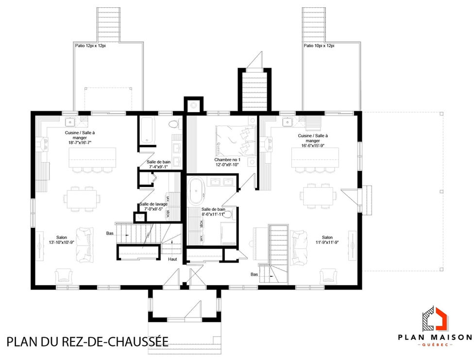 Plan du rez-de-chaussée d’une maison de campagne intergénérationnelle moderne